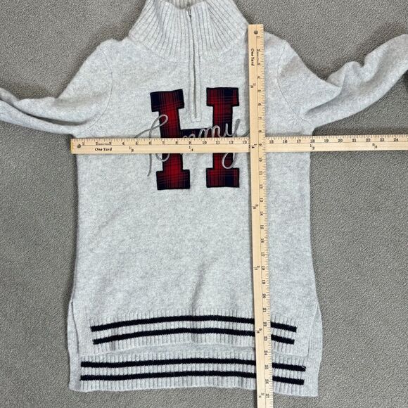 Tommy Hilfiger Logo Patch Varsity Sweater Grey Small Wool Blend Quarter Zip - Picture 11 of 12